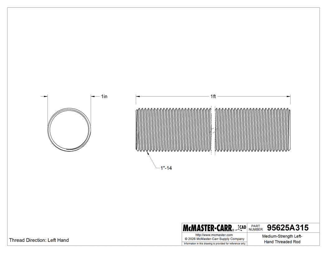 Technical Drawing of Medium-Strength Left-Hand Threaded Rod, Grade B7 Steel, 1"-14 Thread Size, 1 Foot Long.